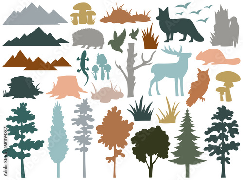 Woodland landscape plants  birds and animals inhabitants silhouettes set vector illustration