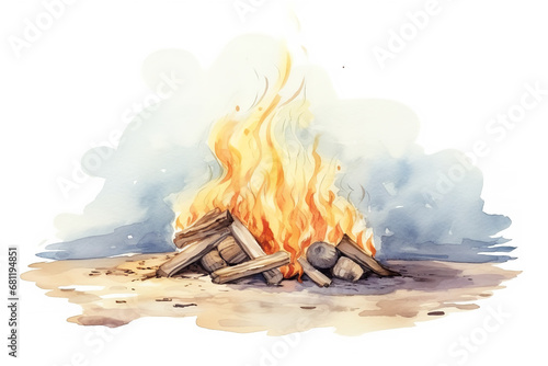 A watercolor realistic detailed illustration of a beach bonfire in light beige and light blue and yellow pastel hue, spring vibe, warm pastel tone, graphic art style photo