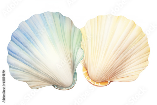 A watercolor realistic detailed illustration of a seashells in light beige and light blue and yellow pastel hue, spring vibe, warm pastel tone, graphic art style