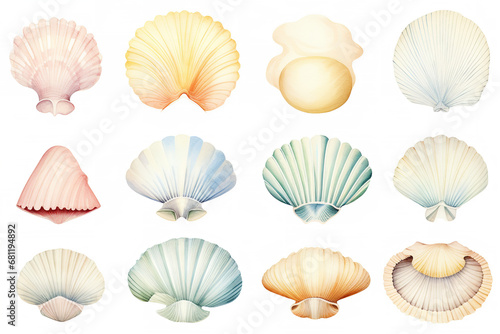 A watercolor realistic detailed illustration of a seashells in light beige and light blue and yellow pastel hue, spring vibe, warm pastel tone, graphic art style
