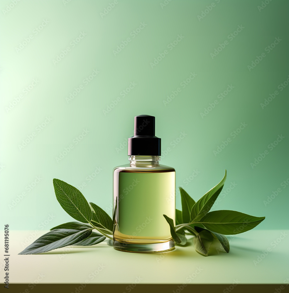 Bottle of essential oil and leaves on green background, in the style of contemporary graphics, lightbox Bottle of essential oil and leaves on green background, in the style of contemporary graphics, lightbox