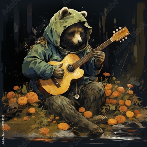 Fantasy portrait of a bear dressed in a traditional outfit and playing a guitar among an ornate room filled with flowers and vintage items