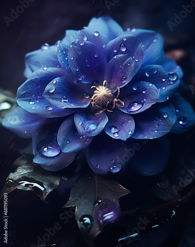Buddha flower, rainwater, in the style of dark blue and purple, jessica drossin, naturalist aesthetic, water drops photo