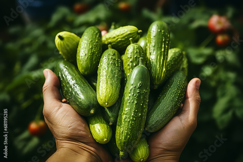 Hands fold cucumbers, Cultivation of agricultural crops of cucumbers in a greenhouse