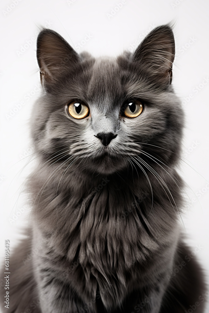 Photorealistic beautiful grey cat on white background , full body