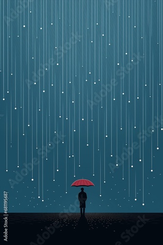 man standing under umbrella rain tiny stars loss despair floating empty space melancholy lighting scattered unconnected auburn background sad men