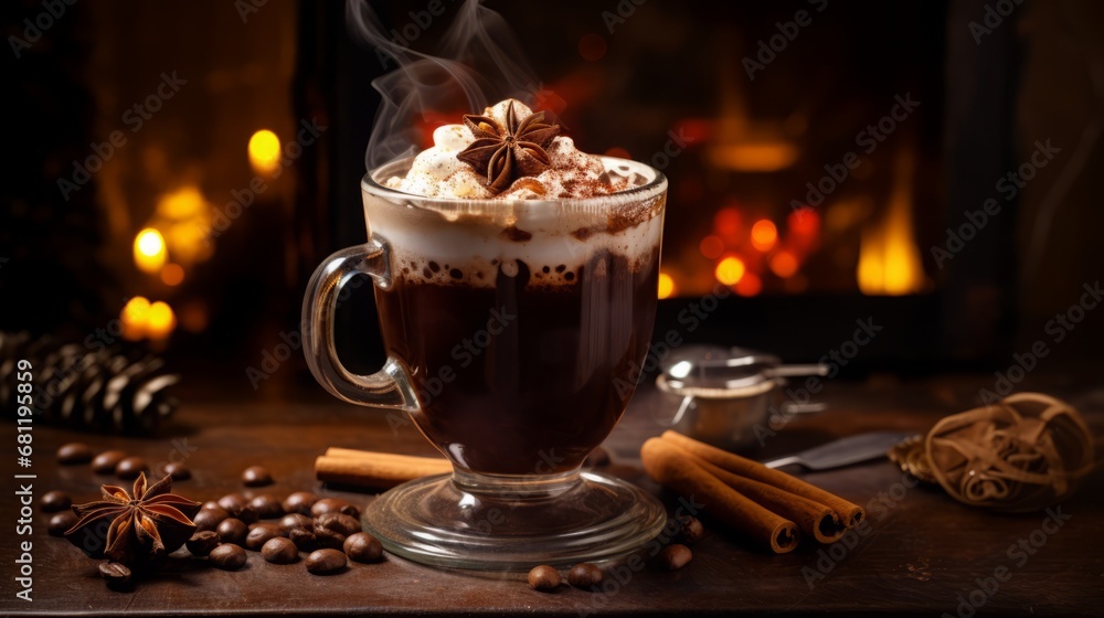 hot steamy mug of cocoa with wipped cream on top, with cherry and cinnamon for decoration, chocolate flakes, fireplace in the background, copy space, 16:9 hot steamy mug of cocoa with wipped cream on top, with cherry and cinnamon for decoration, chocolate flakes, fireplace in the background, copy space, 16:9
