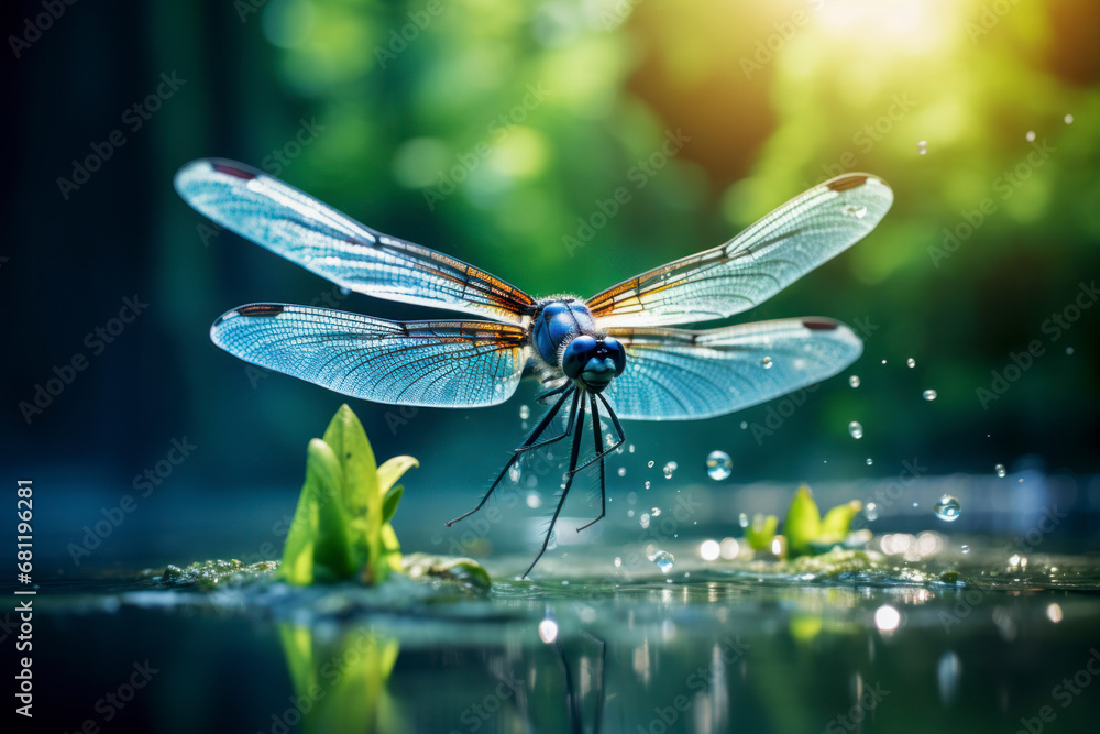 A dragonfly emerging from the water. - obrazy, fototapety, plakaty 