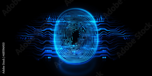 Security system with fingerprint on cyber technology neon background. Concept Protect personal data banner