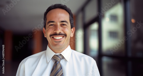 Smiling 45 years old banker, happy middle aged hispanic latino business man bank manager, mid adult professional businessman ceo executive in office,