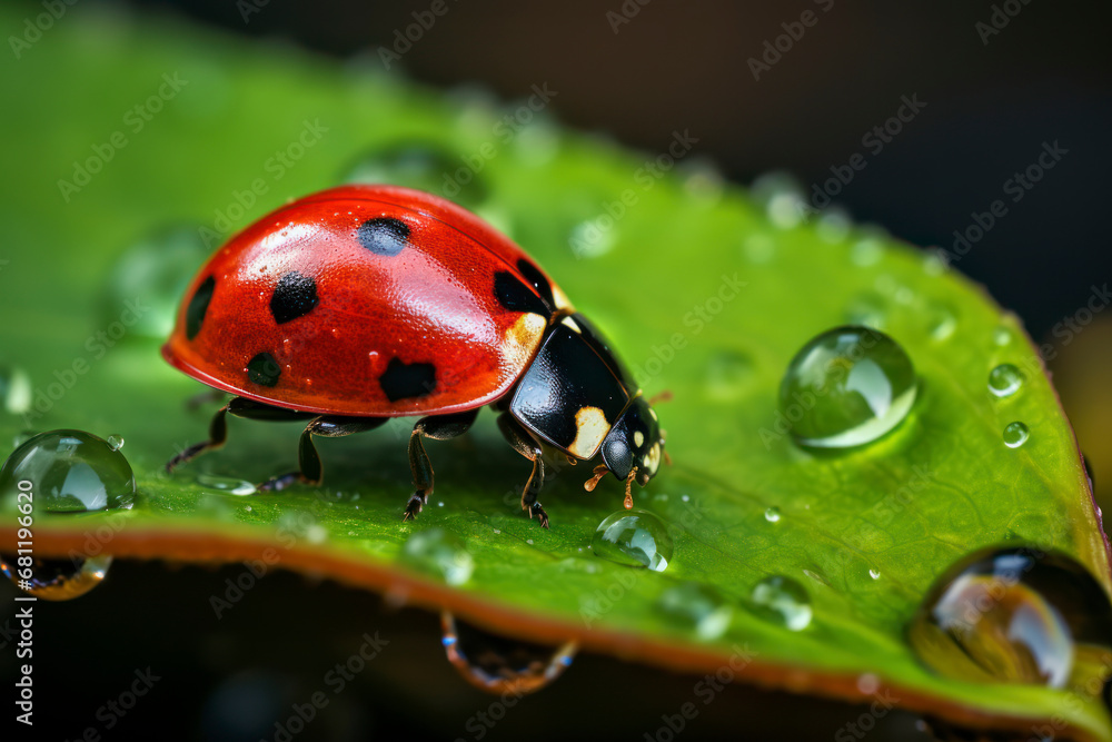 Fototapeta premium A ladybug exploring a dew-kissed morning leaf.