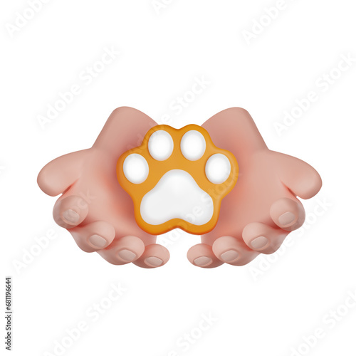 International Volunteer Day. Animal care and protection. Volunteer hands holding a dog paw. 3D render vector illustration