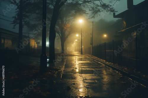 Moody street with golden lamps and mist photo