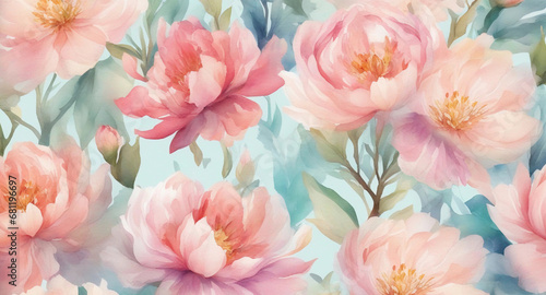 Seamless pattern with peonies, peony flowers pattern on isolated white background, watercolor hand drawing. Generative AI.