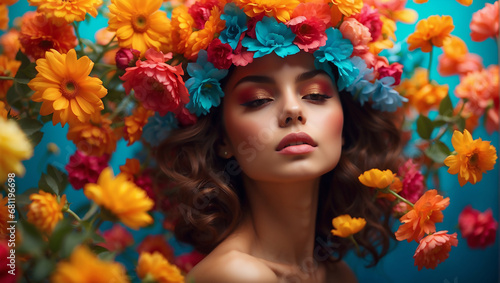 Portrait of a young cheerful woman with a hairstyle decorated with a flower wreath on her head on a blue background. Pretty woman with bright makeup © ArtistiKa