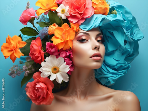 Beautiful girl with flowers on a blue background. Female portrait with flowers on her head. Creative background with stylish woman. Fashion portrait. Summer style
