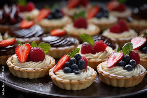 Assorted desserts mini tarts with berries, background