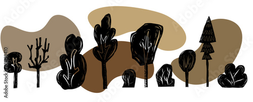 Trees and bushes hand carved linocut vector set on white background with abstract shapes in autumn colors. Collection of folk art style woodland clip art.