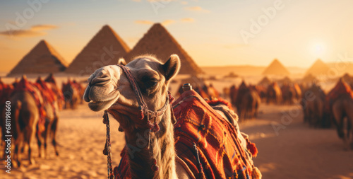 Camel in the desert. Pyramids in the background. Cairo, Egypt, Africa. Image for a post card or a web design ad, poster, flyer, banner, wallpaper background. photo