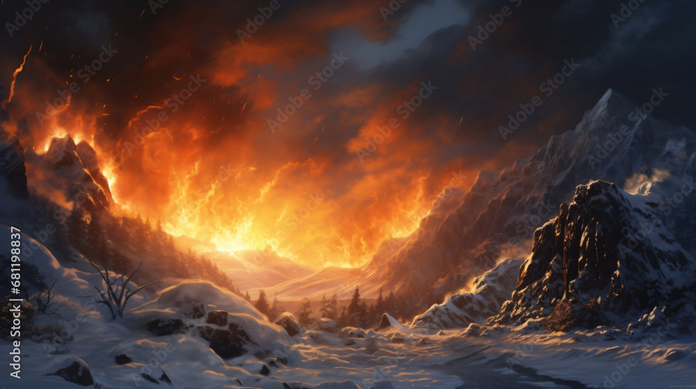 Fototapeta premium A massive forest fire in the mountains ignited by flowing lava