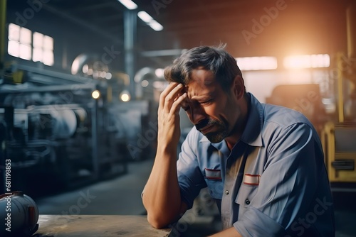 men engineer feeling sick, worker from hard work in factory, sweat, heat, bad air flow