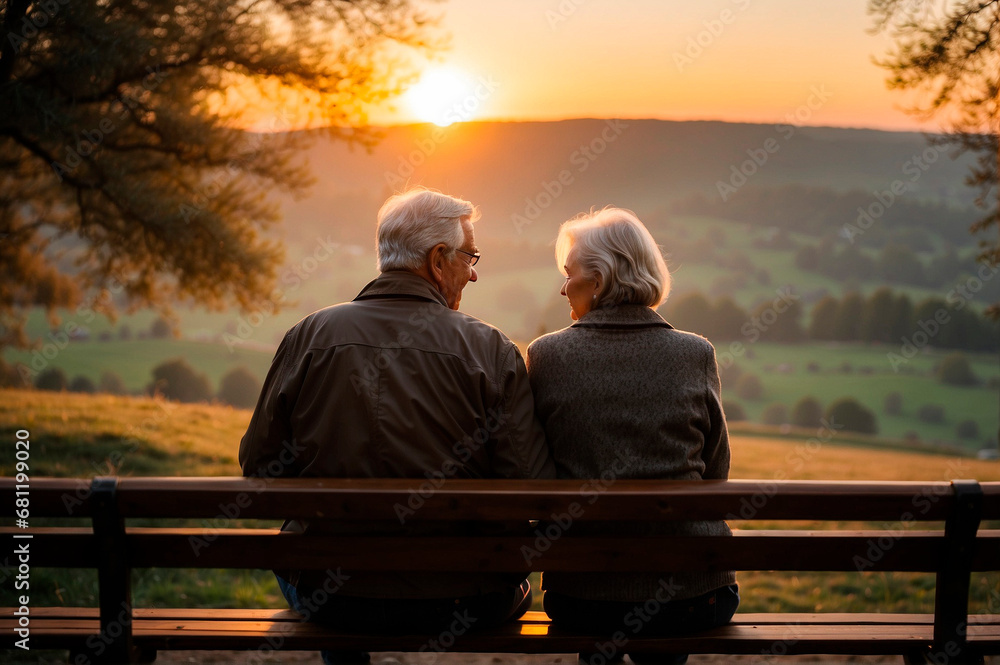pareja de ancianos disfrutando una puesta de sol, el amor no tiene edad. - obrazy, fototapety, plakaty 