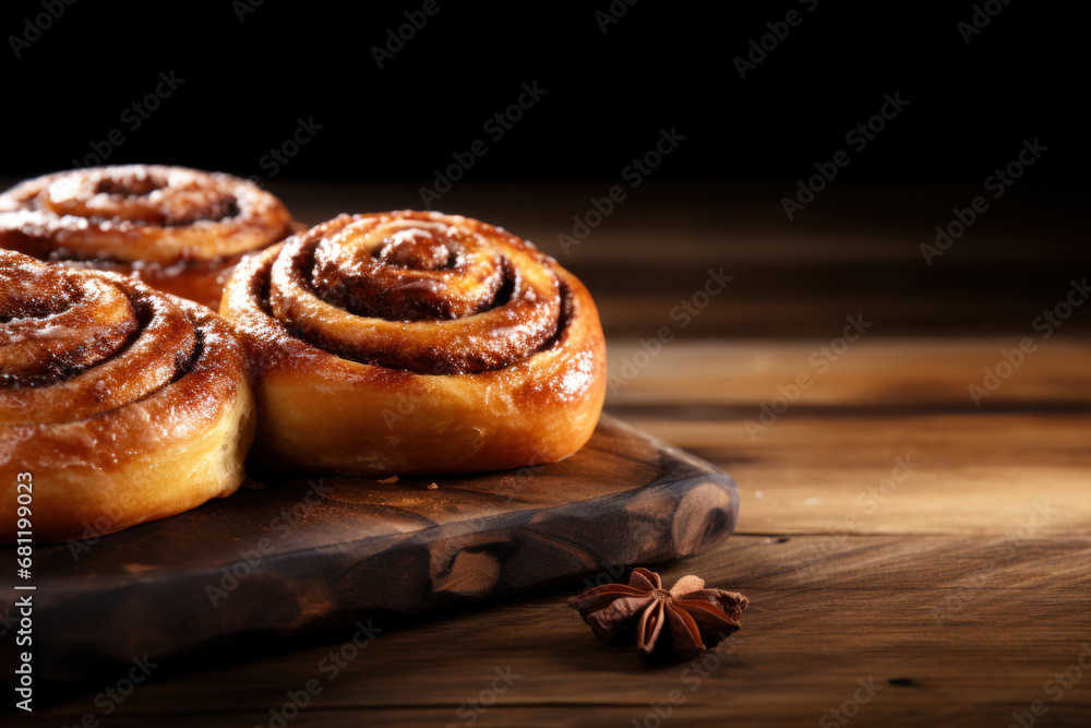 Sweet cinnamon buns on wooden table, free space for text Sweet cinnamon buns on wooden table, free space for text
