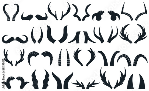 Wild animals curled big and small horns silhouette hunting trophy isolated set vector illustration