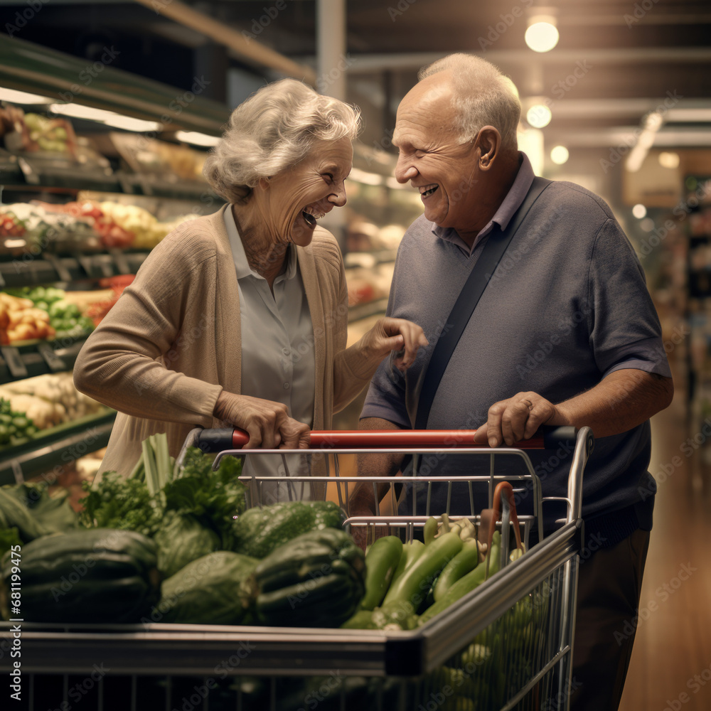 elderly couple in shopping groceries looking very happy and still in love