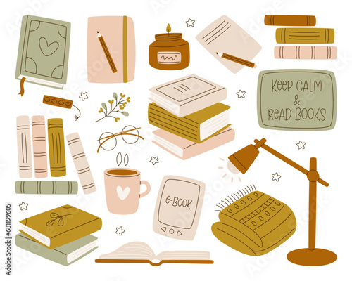 Keep calm and read books set with stack and pile of paper literature and cozy stuff accessories