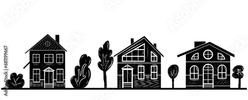 Domestic home and trees hand carved linocut vector set. Collection of folk art style rural houses and woodland clip art.
