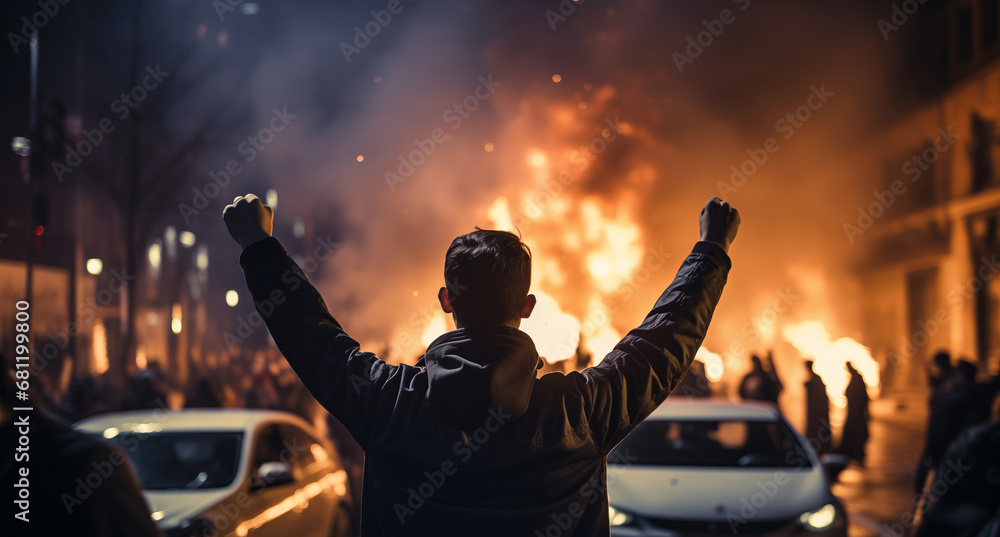 Concept protesters riot people. Back view Aggressive man without face in hood against backdrop of protests and burning cars