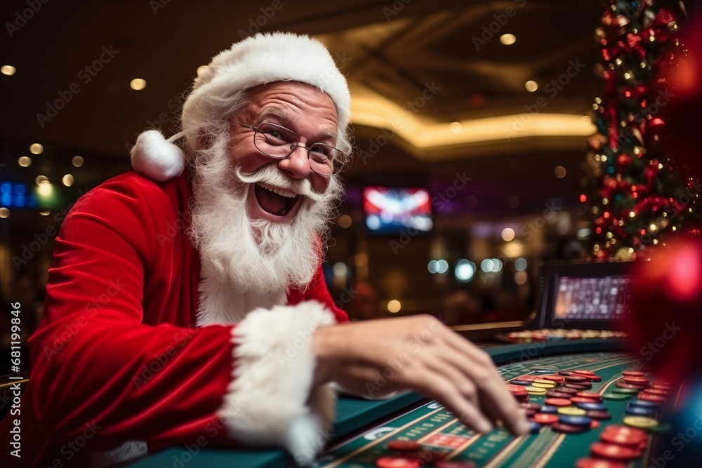 Santa Claus winner playing poker or game roulette wheel spinning, Christmas holiday in casino of Las Vegas Santa Claus winner playing poker or game roulette wheel spinning, Christmas holiday in casino of Las Vegas