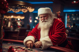 Santa Claus winner playing poker or game roulette wheel spinning, Christmas holiday in casino of Las Vegas