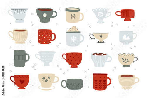 Coffee or tea hot aroma drinks ceramic cup with winter holiday design elements isolated set