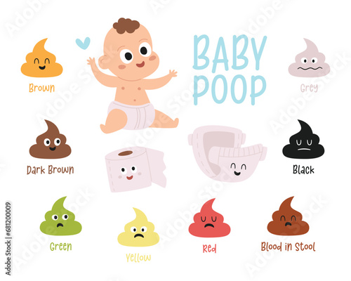 Variety of baby poop color cute kawaii emoticon isolated set to diagnosis newborn child health photo