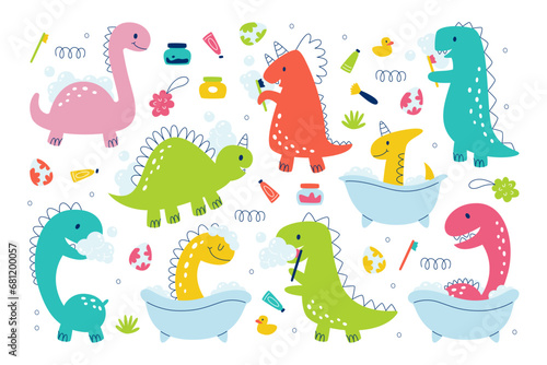 Cute colored hand drawn baby dinosaur characters washing, taking bath and brushing teeth set
