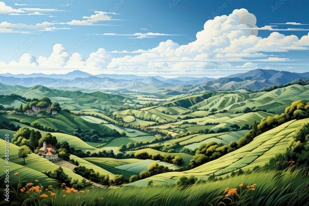 landscape with mountains and clouds rolling hills with fields gently undulating