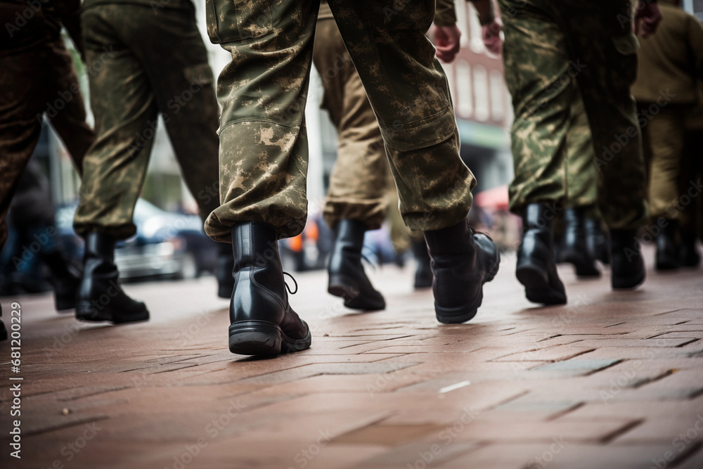 Boots on the Ground: Ground View of Soldiers Marching on the Streets. Ai generative Boots on the Ground: Ground View of Soldiers Marching on the Streets. Ai generative