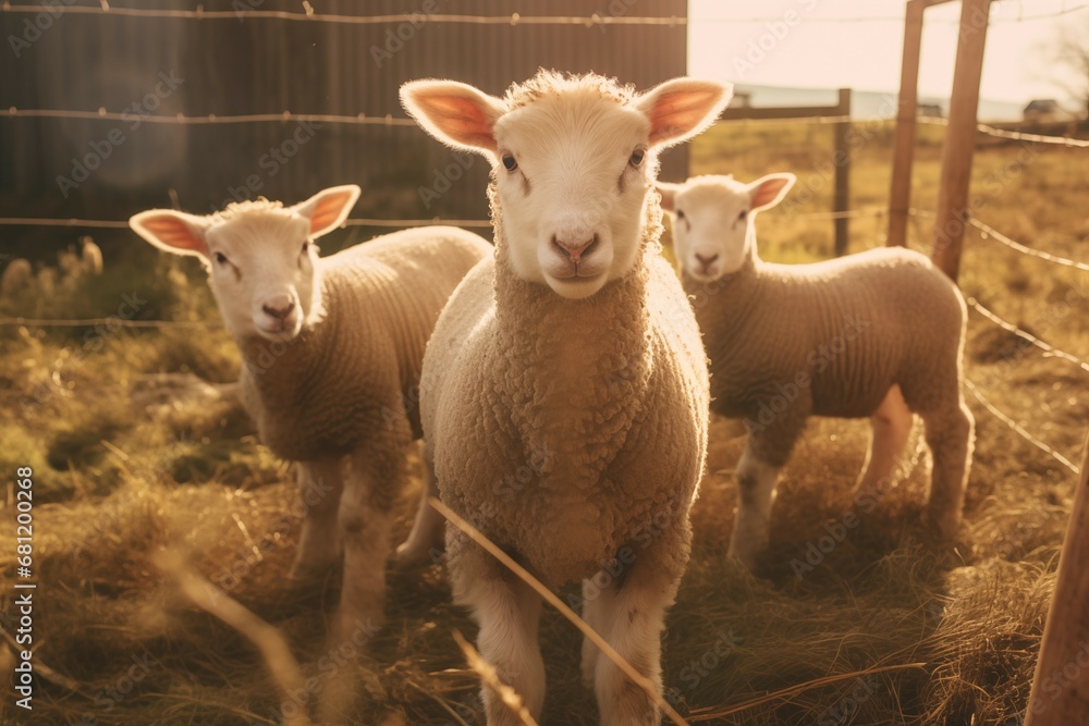 Friendly Faces: Curious Lambs at the Farm Gazing at the Camera. Ai generative