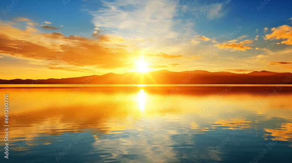 Fototapeta premium Sundown Serenity: Sunset Over the Sea with Hills on the Horizon. Ai generative