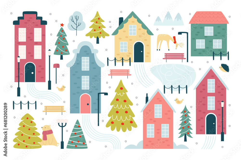 Winter Christmas streets with residential buildings and decorated spruce in town vector illustration