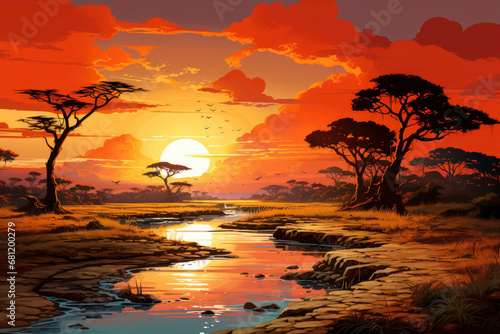 sunset at the river expansive savannas with roaming wildlife under setting sun © FrequentArt