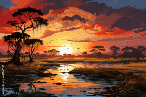 sunset over the river expansive savannas with roaming wildlife under setting sun