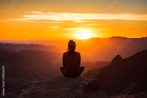 Serenity s Edge  Silhouette of a Person Sitting on a Cliff  Embracing the Sunrise. Ai generative
