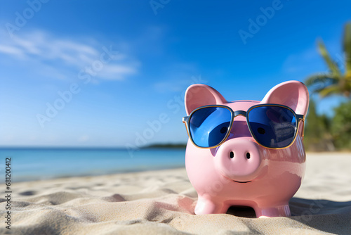 Savings Soak: Piggy Bank with Sunglasses Relaxing on the Beach. Ai generative © Andrii