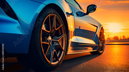 Sundown Thrill: Low Angle View of Sports Car Silhouetted Against the Sunset. Ai generative
