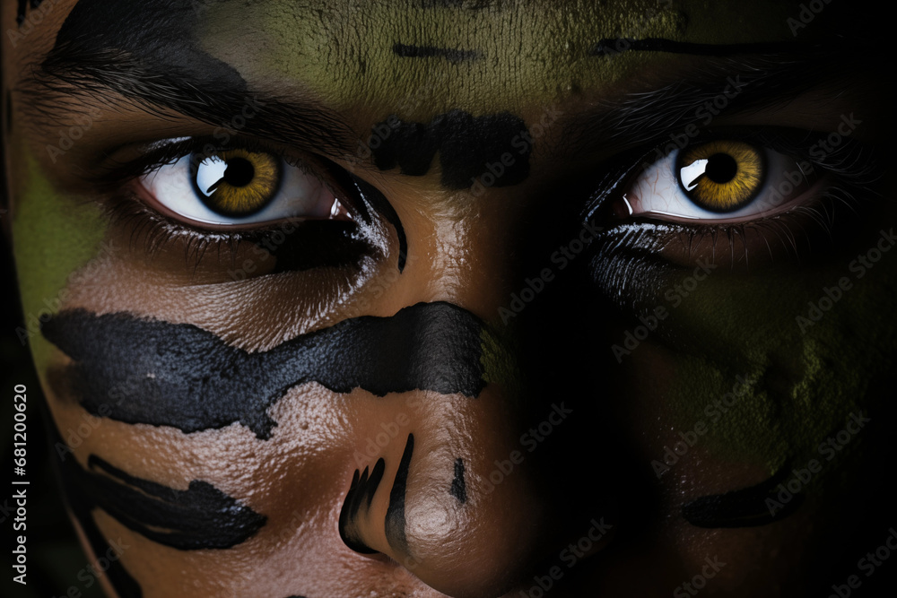 Striking Close-Up: Face Camouflage Intensity Revealed. Ai generative