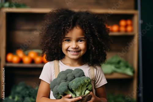 Adorable Afro-Cut Kid Delighting in Fresh Broccoli Amidst Vibrant Veggie Haven. Ai generative