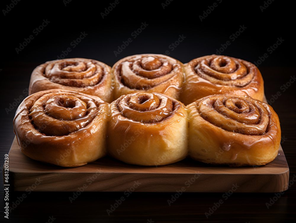 Close up of fresh baked cinnamon rolls on wooden plate, black background